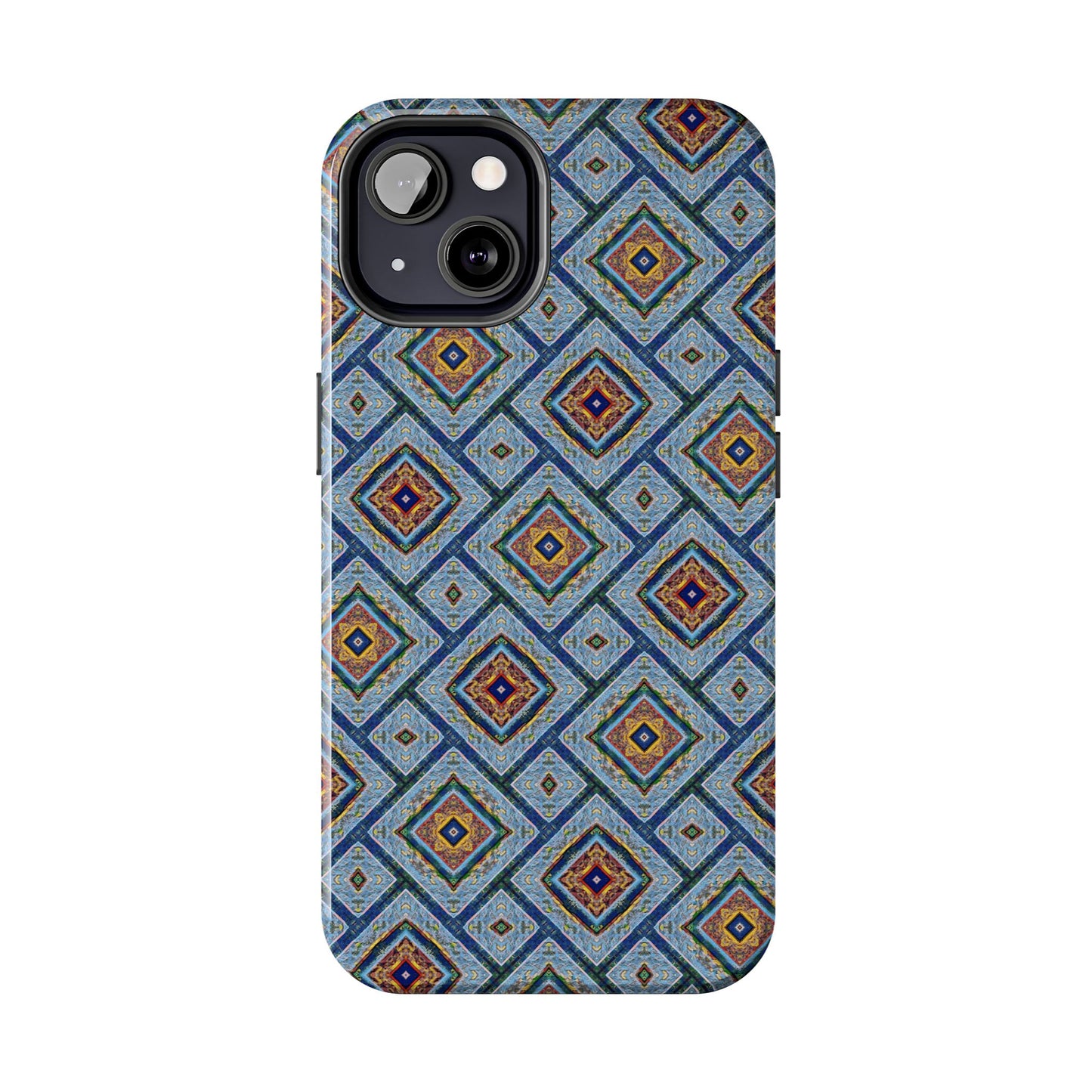Blue Fusion Tiling Tough Case – Blue Geometric Phone Case, Modern Diamond Pattern Cover, Abstract Tile Design
