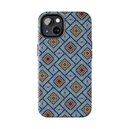 Blue Fusion Tiling Tough Case – Blue Geometric Phone Case, Modern Diamond Pattern Cover, Abstract Tile Design