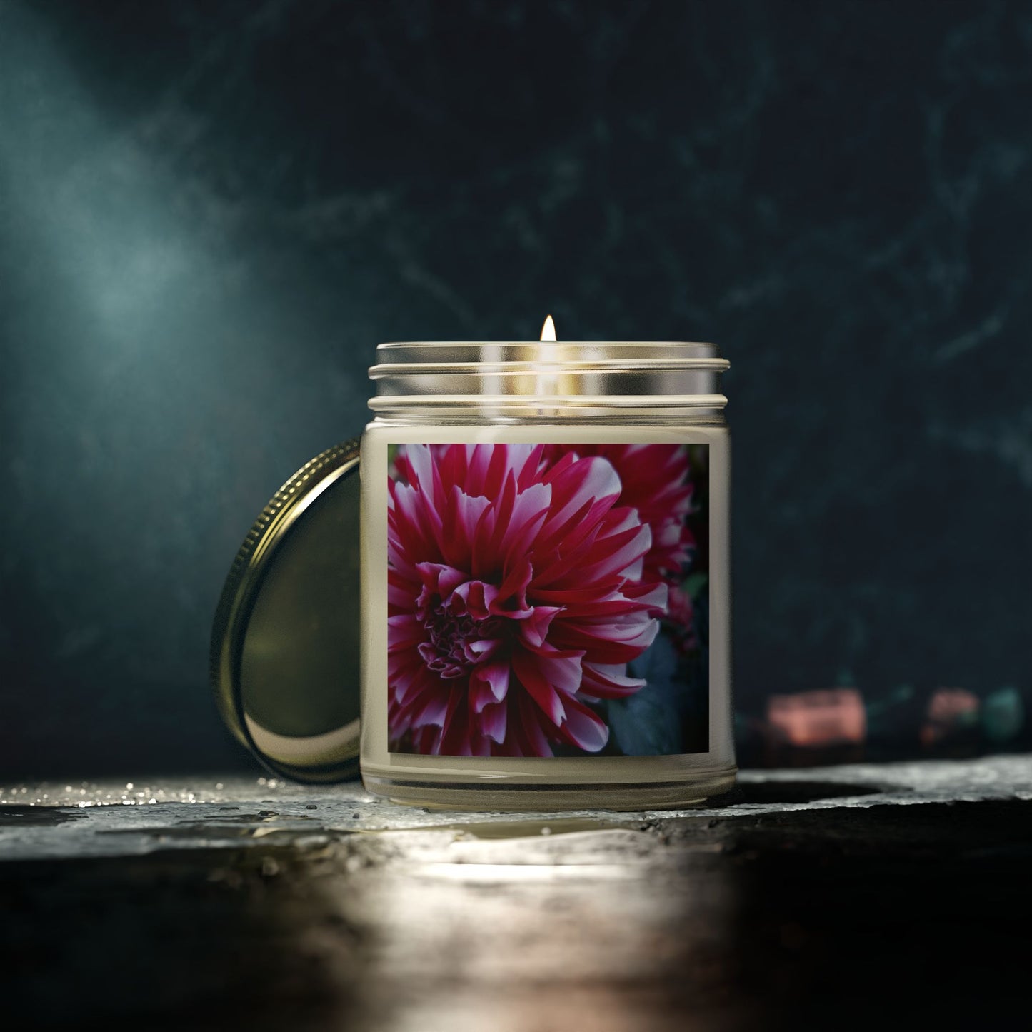 Red and White Dahlia Jar Candle – Botanical Flower Photo Candle for Cozy Floral Home Decor