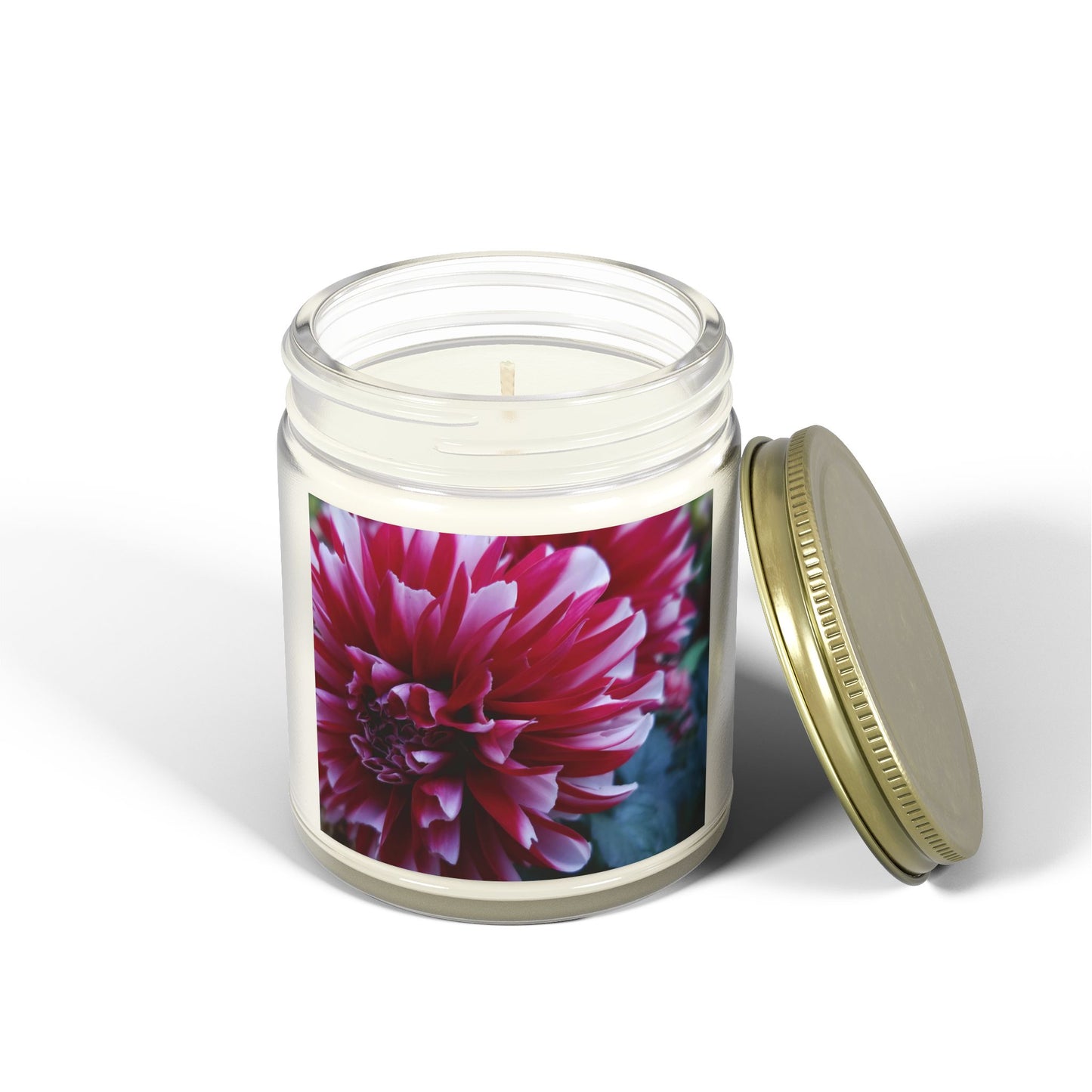 Red and White Dahlia Jar Candle – Botanical Flower Photo Candle for Cozy Floral Home Decor