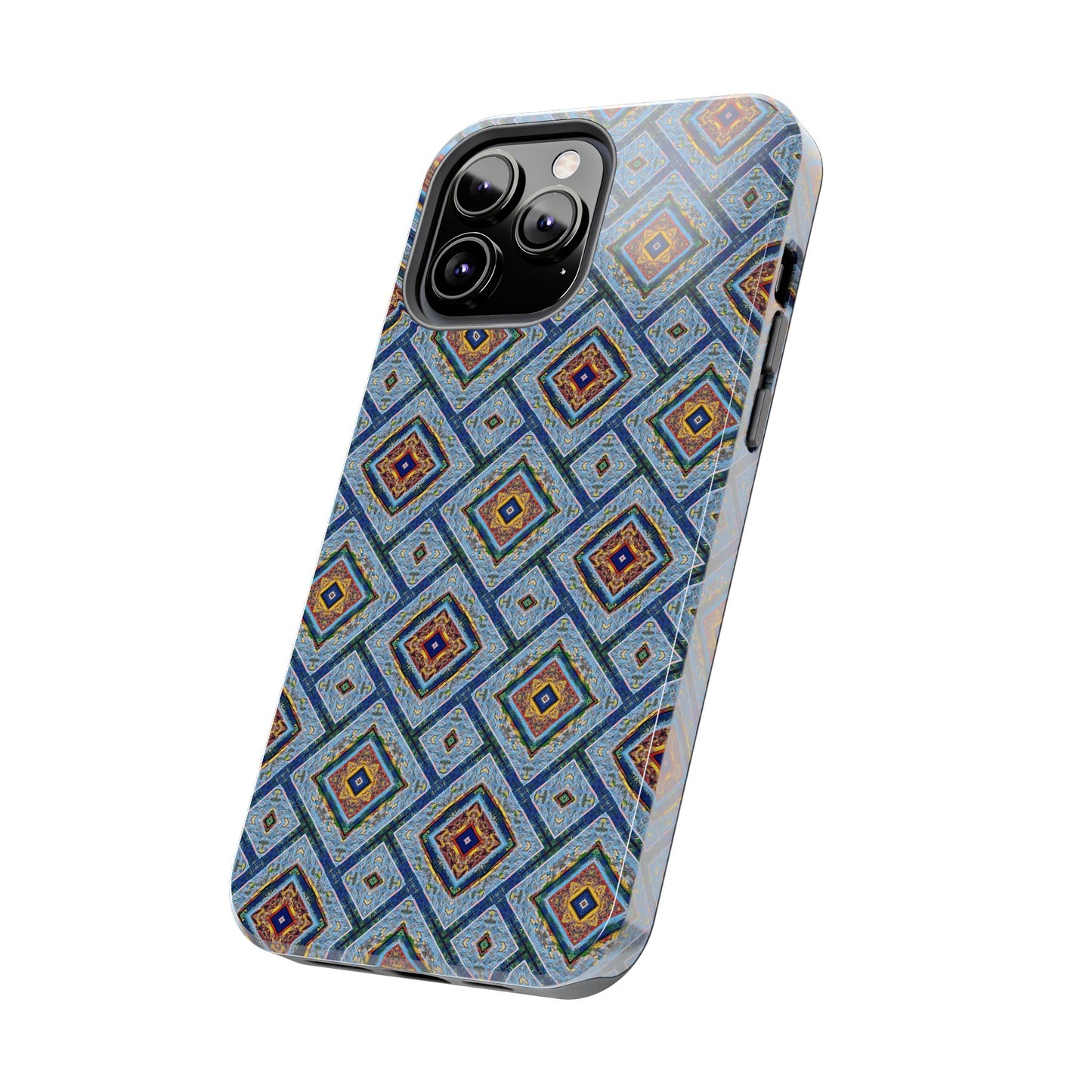 Blue Fusion Tiling Tough Case – Blue Geometric Phone Case, Modern Diamond Pattern Cover, Abstract Tile Design