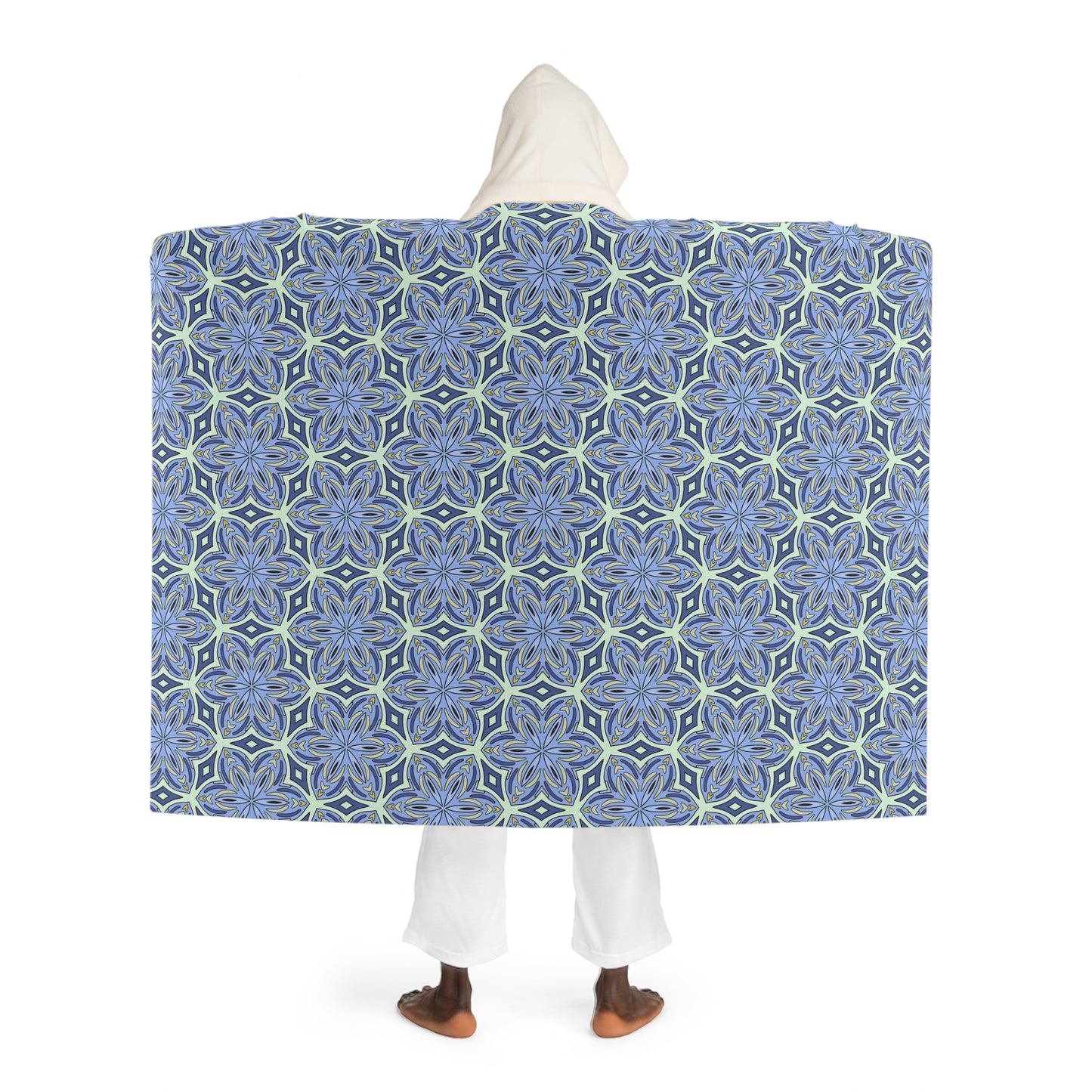 Pale Cornflower Blue and Yellow Hooded Blanket – Geometric Cozy Hooded Blanket for Adults and Modern Home Decor