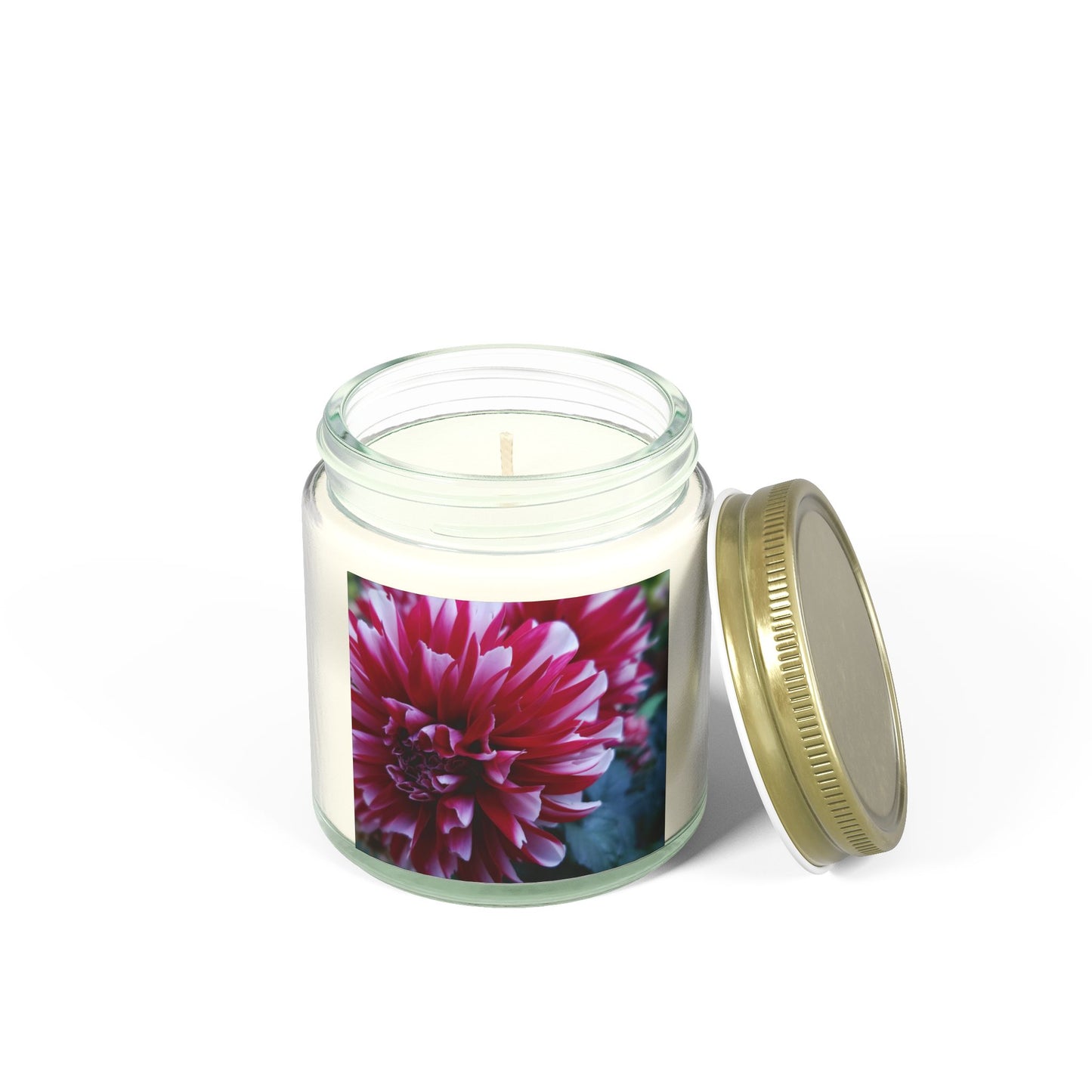 Red and White Dahlia Jar Candle – Botanical Flower Photo Candle for Cozy Floral Home Decor