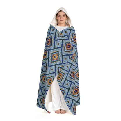 Blue Fusion Tiling Hooded Blanket – Blue Geometric Wearable Throw, Modern Tile Pattern for Cozy Comfort
