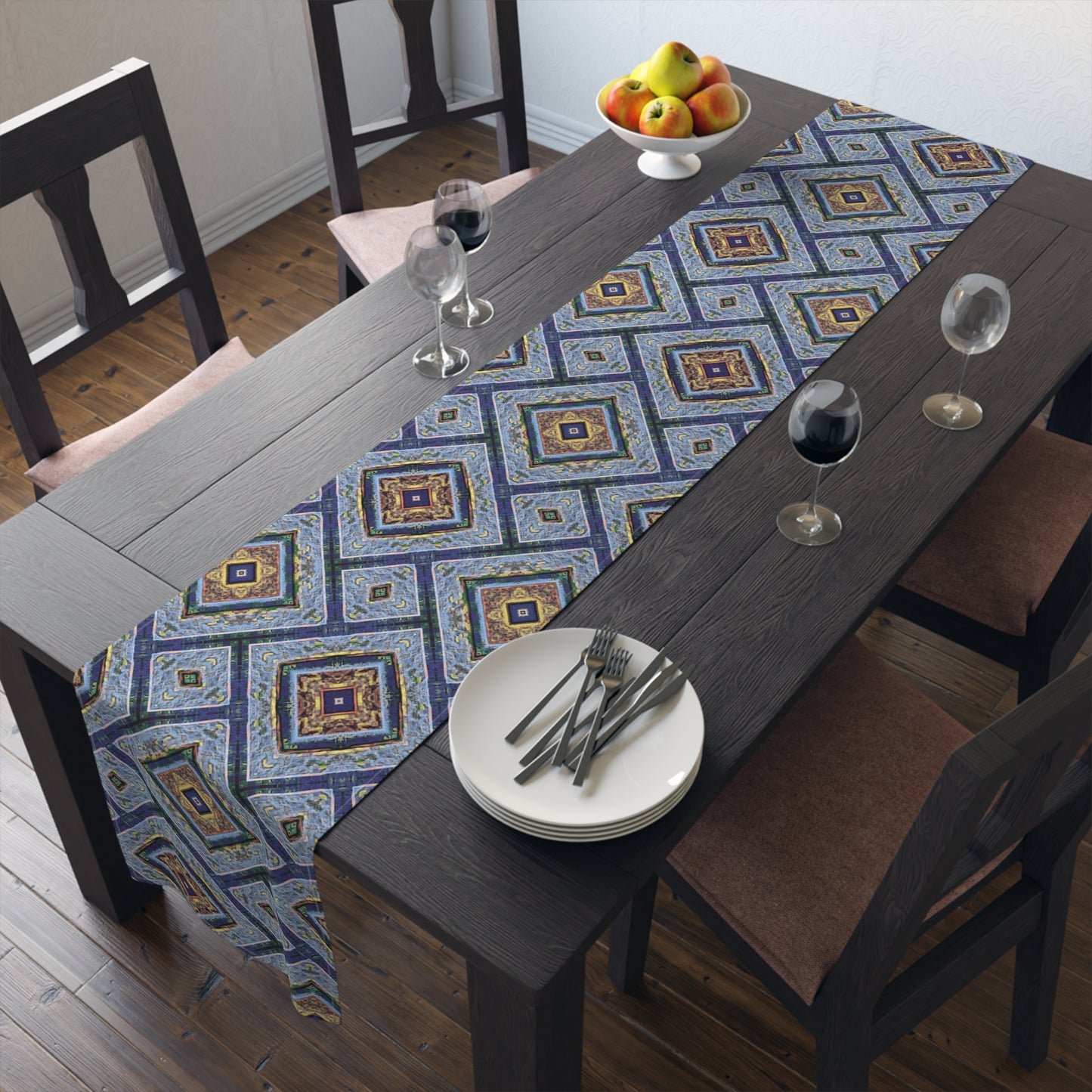 Blue Fusion Tiling Table Runner – Blue Geometric Dining Decor, Modern Tile Pattern Runner