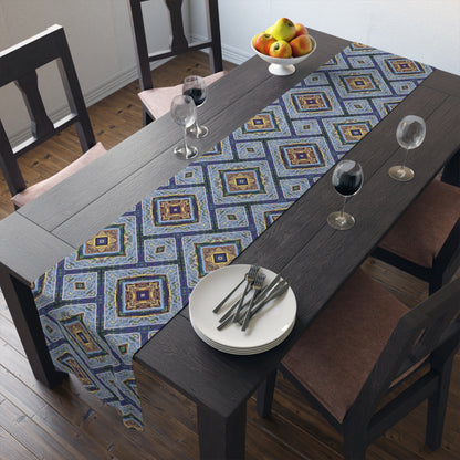 Blue Fusion Tiling Table Runner – Blue Geometric Dining Decor, Modern Tile Pattern Runner