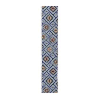 Blue Fusion Tiling Table Runner – Blue Geometric Dining Decor, Modern Tile Pattern Runner
