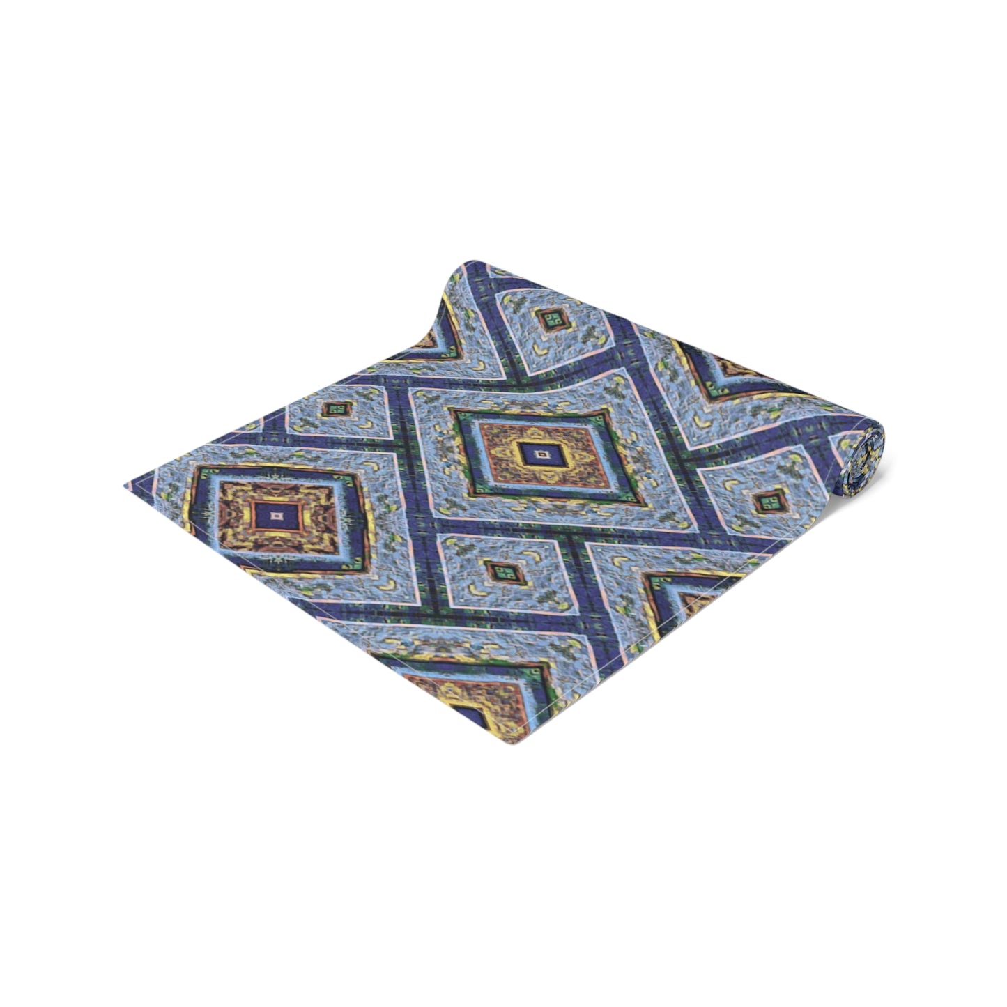 Blue Fusion Tiling Table Runner – Blue Geometric Dining Decor, Modern Tile Pattern Runner