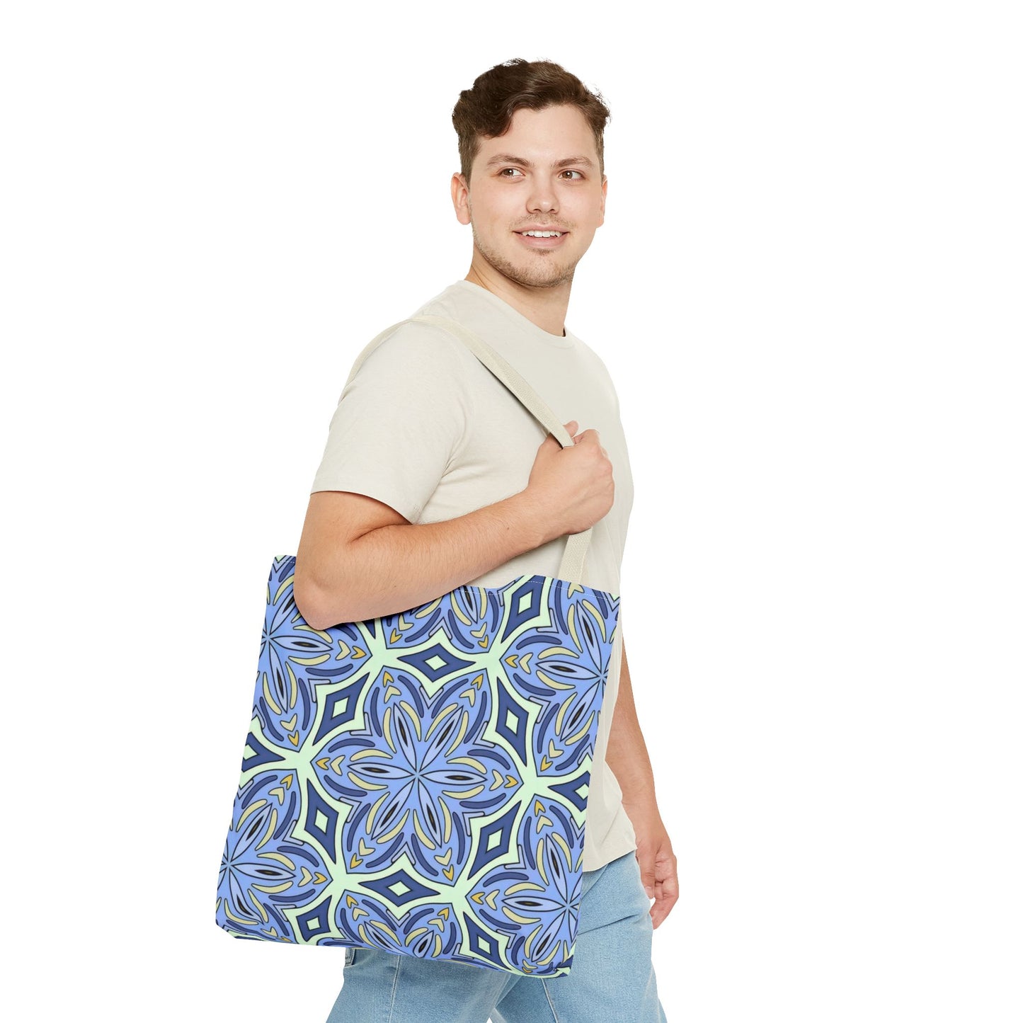 Pale Cornflower Blue and Yellow Tote Bag – Geometric Floral Pattern Reusable Shopping Bag for Everyday Use