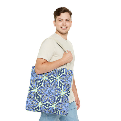 Pale Cornflower Blue and Yellow Tote Bag – Geometric Floral Pattern Reusable Shopping Bag for Everyday Use