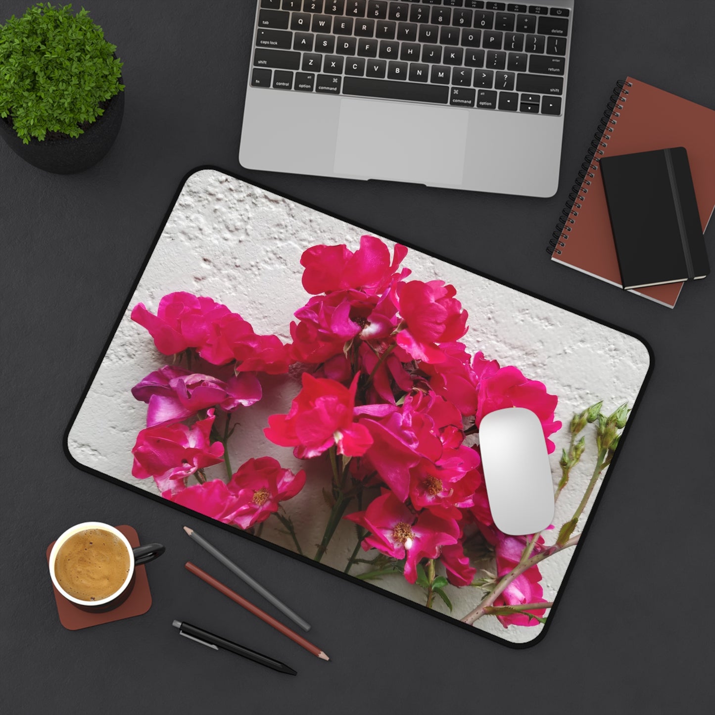 Bougainvillea Against White Stucco Wall Desk Mat – Mediterranean Floral Office Accessory, Summer Bloom Workspace Decor
