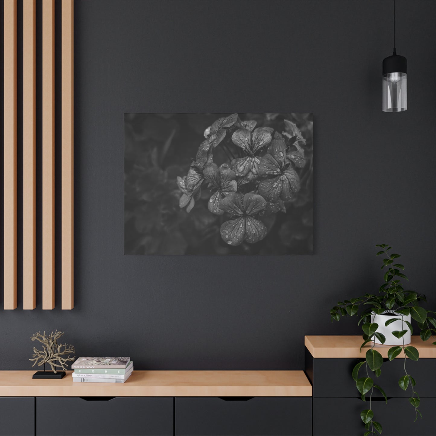 Monochrome geranium photography print on canvas