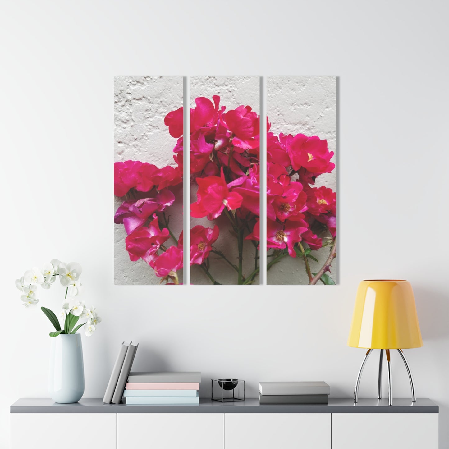 Bougainvillea Against White Stucco Wall Acrylic Triptych – Mediterranean Floral Photography Print for Bright Minimalist Decor