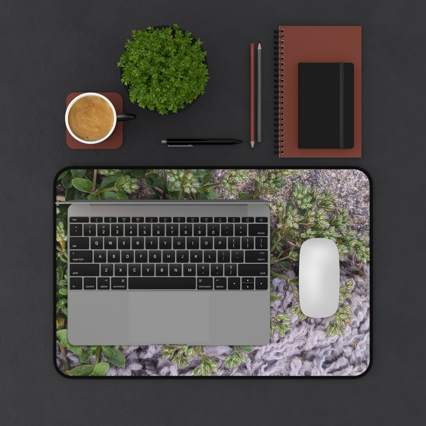 Where the Allseed Grows Desk Mat – Urban Nature Minimalist Botanical Workspace Mat with Concrete Texture Design