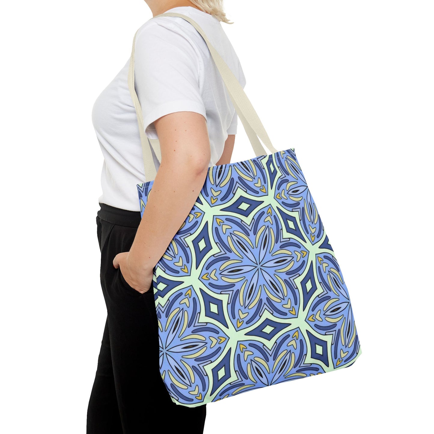 Pale Cornflower Blue and Yellow Tote Bag – Geometric Floral Pattern Reusable Shopping Bag for Everyday Use