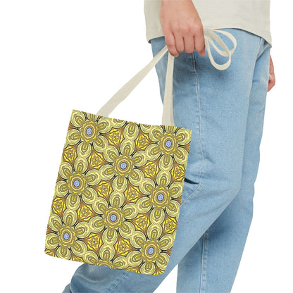 Retro Yellow Flowers Tote Bag – Geometric Floral Pattern Reusable Shopping Bag