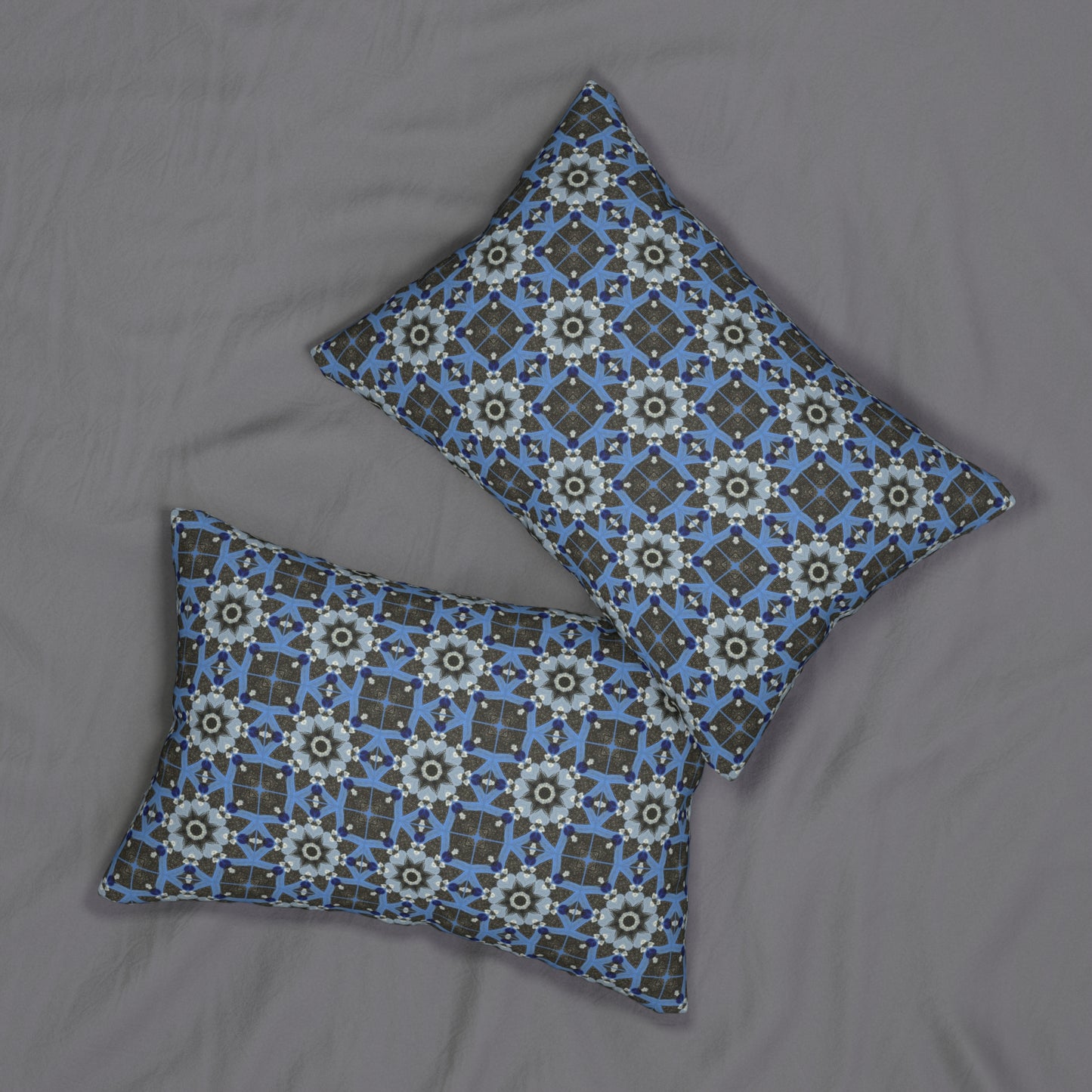 Blue Quilt Pattern Lumbar Pillow – Geometric Floral Decorative Pillow for Modern Decor