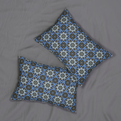 Blue Quilt Pattern Lumbar Pillow – Geometric Floral Decorative Pillow for Modern Decor