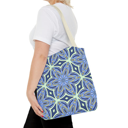 Pale Cornflower Blue and Yellow Tote Bag – Geometric Floral Pattern Reusable Shopping Bag for Everyday Use