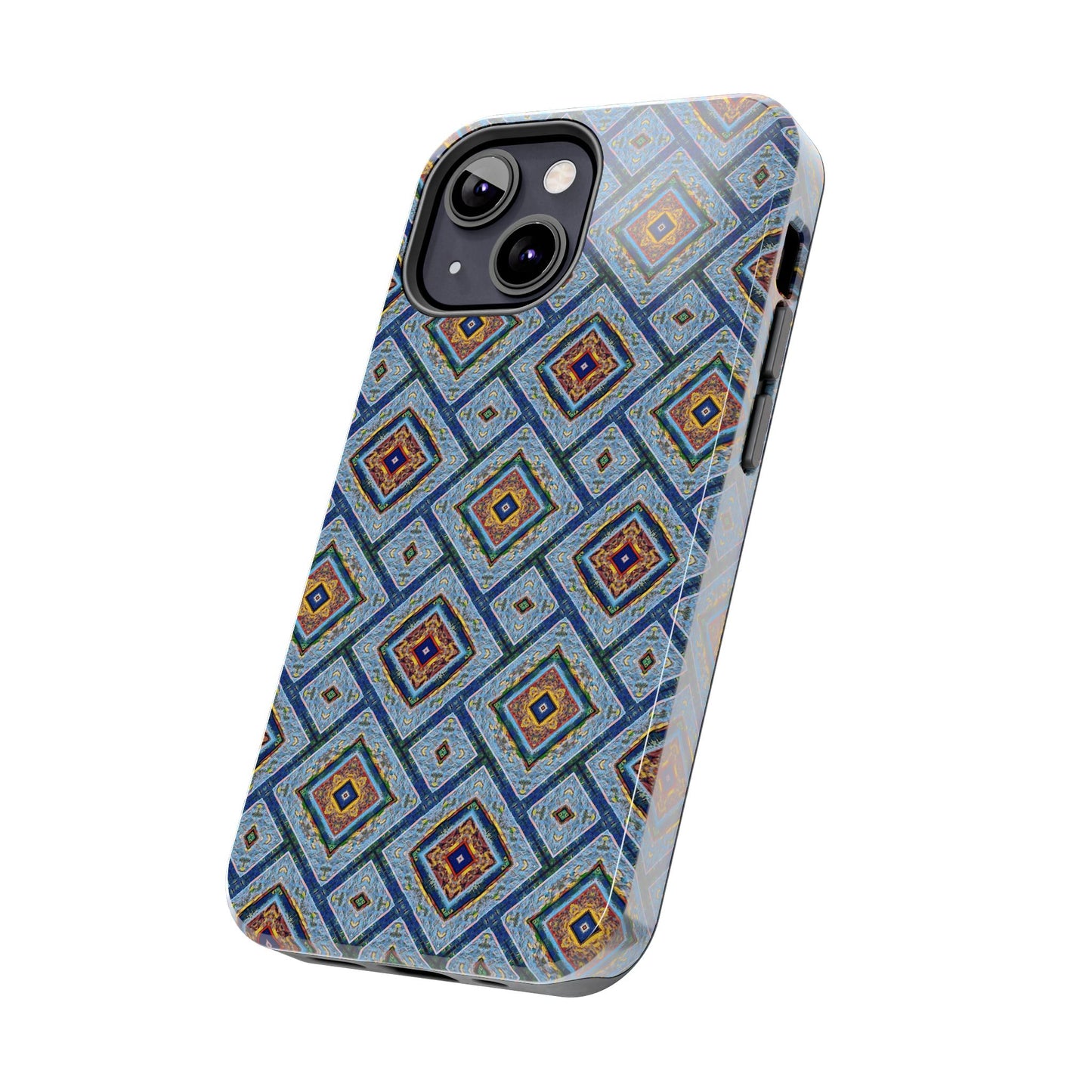 Blue Fusion Tiling Tough Case – Blue Geometric Phone Case, Modern Diamond Pattern Cover, Abstract Tile Design