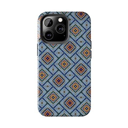 Blue Fusion Tiling Tough Case – Blue Geometric Phone Case, Modern Diamond Pattern Cover, Abstract Tile Design