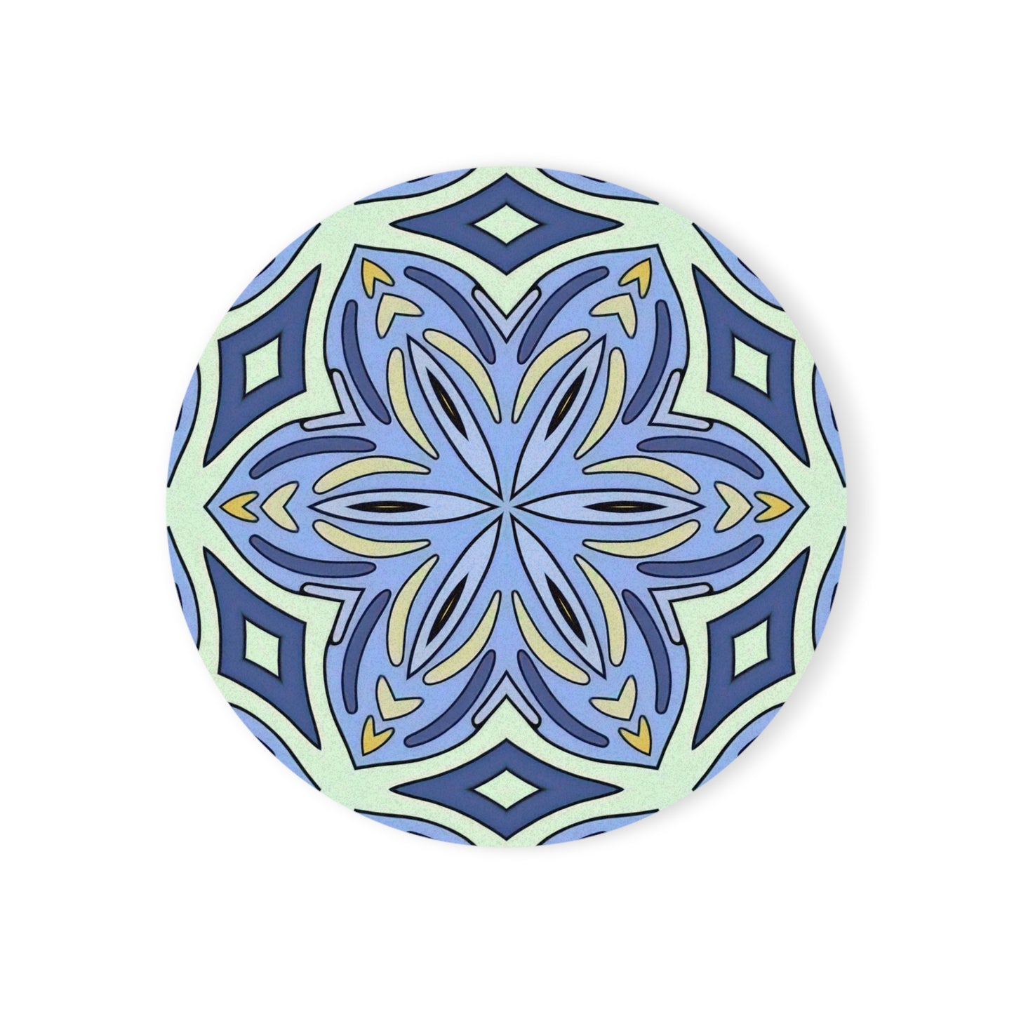 Pale Cornflower Blue and Yellow Coaster Set – Geometric Mandala Cork Backed Coasters for Modern Home Decor