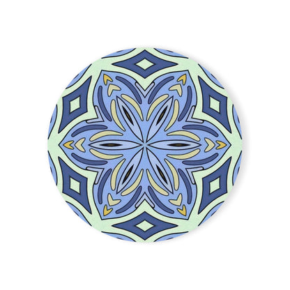 Pale Cornflower Blue and Yellow Coaster Set – Geometric Mandala Cork Backed Coasters for Modern Home Decor