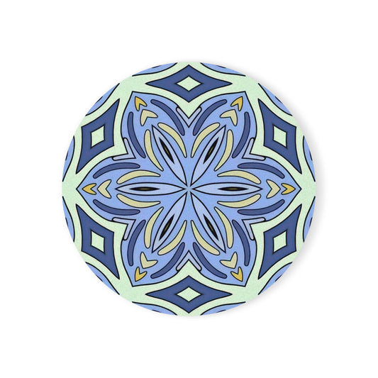 Pale Cornflower Blue and Yellow Coaster Set – Geometric Mandala Cork Backed Coasters for Modern Home Decor