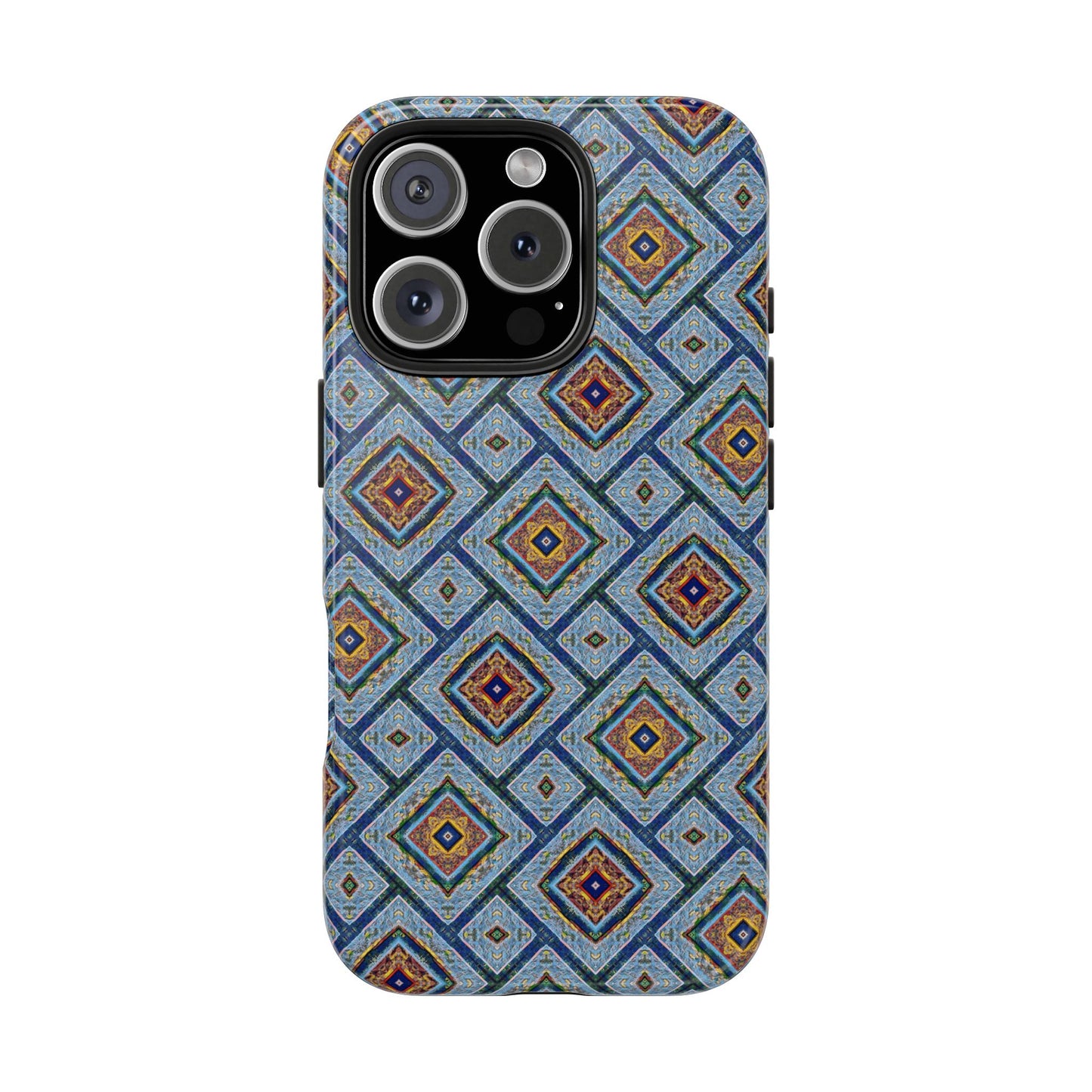 Blue Fusion Tiling Tough Case – Blue Geometric Phone Case, Modern Diamond Pattern Cover, Abstract Tile Design