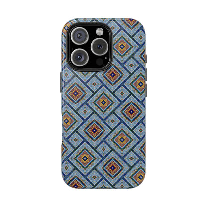 Blue Fusion Tiling Tough Case – Blue Geometric Phone Case, Modern Diamond Pattern Cover, Abstract Tile Design