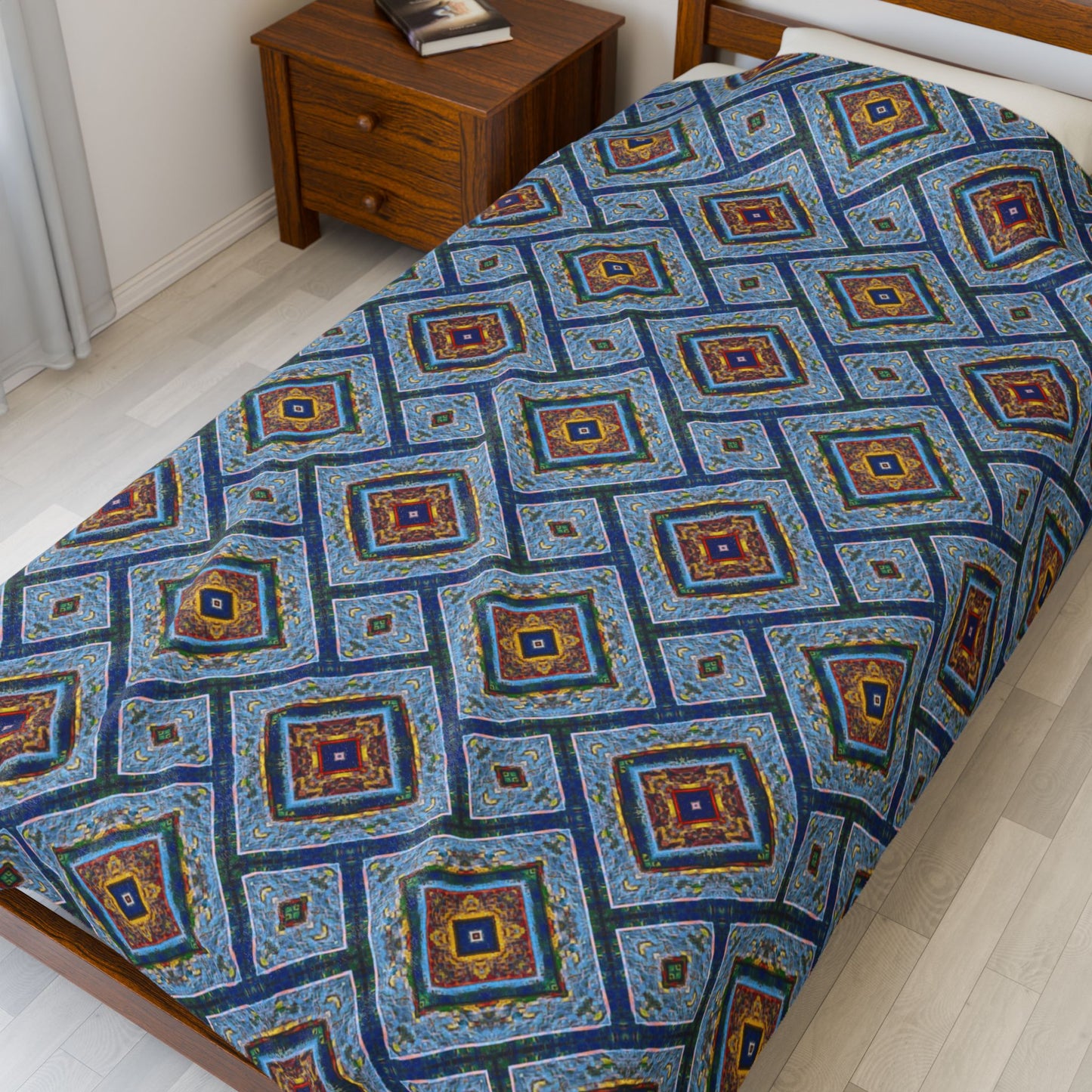 Blue Fusion Tiling Plush Velveteen Blanket – Blue Geometric Throw, Modern Tile Diamond Pattern, Cozy Abstract Blanket