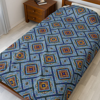 Blue Fusion Tiling Plush Velveteen Blanket – Blue Geometric Throw, Modern Tile Diamond Pattern, Cozy Abstract Blanket
