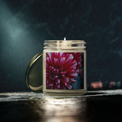 Red and White Dahlia Jar Candle – Botanical Flower Photo Candle for Cozy Floral Home Decor
