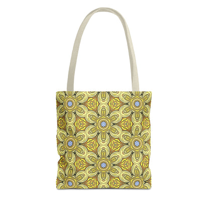 Retro Yellow Flowers Tote Bag – Geometric Floral Pattern Reusable Shopping Bag