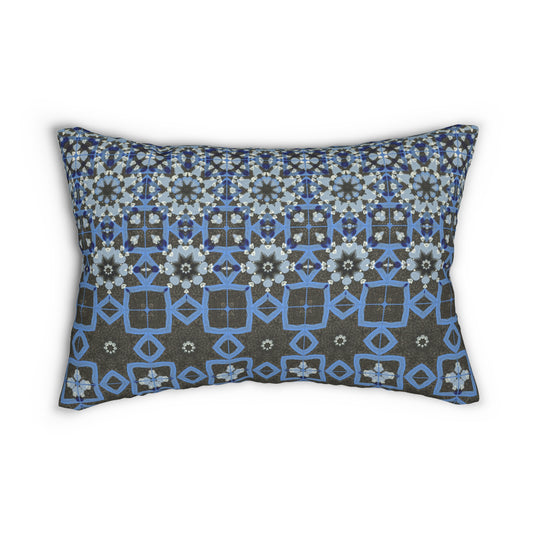 Blue Quilt Morph Pattern Lumbar Pillow – Geometric Floral Accent Pillow for Modern Home Decor or Holiday Gifting
