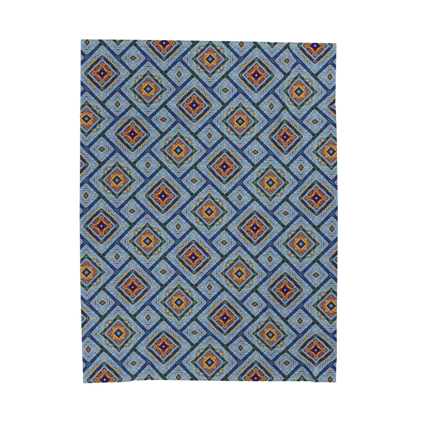 Blue Fusion Tiling Plush Velveteen Blanket – Blue Geometric Throw, Modern Tile Diamond Pattern, Cozy Abstract Blanket