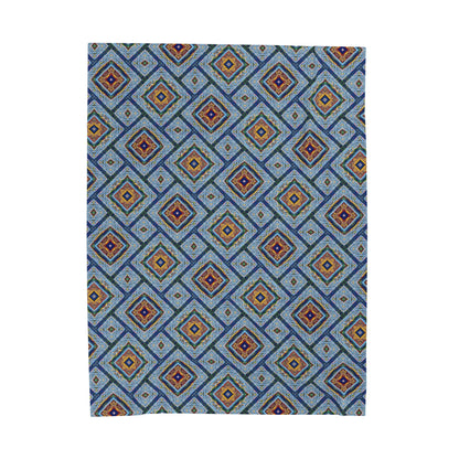 Blue Fusion Tiling Plush Velveteen Blanket – Blue Geometric Throw, Modern Tile Diamond Pattern, Cozy Abstract Blanket