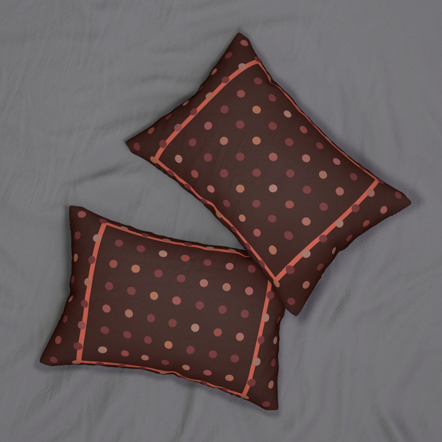 Retro Burgundy Polka Dot Lumbar Pillow – Warm Earth Tone Throw Cushion with Border for Fall or Mid-Century Decor