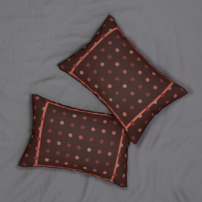 Retro Burgundy Polka Dot Lumbar Pillow – Warm Earth Tone Throw Cushion with Border for Fall or Mid-Century Decor