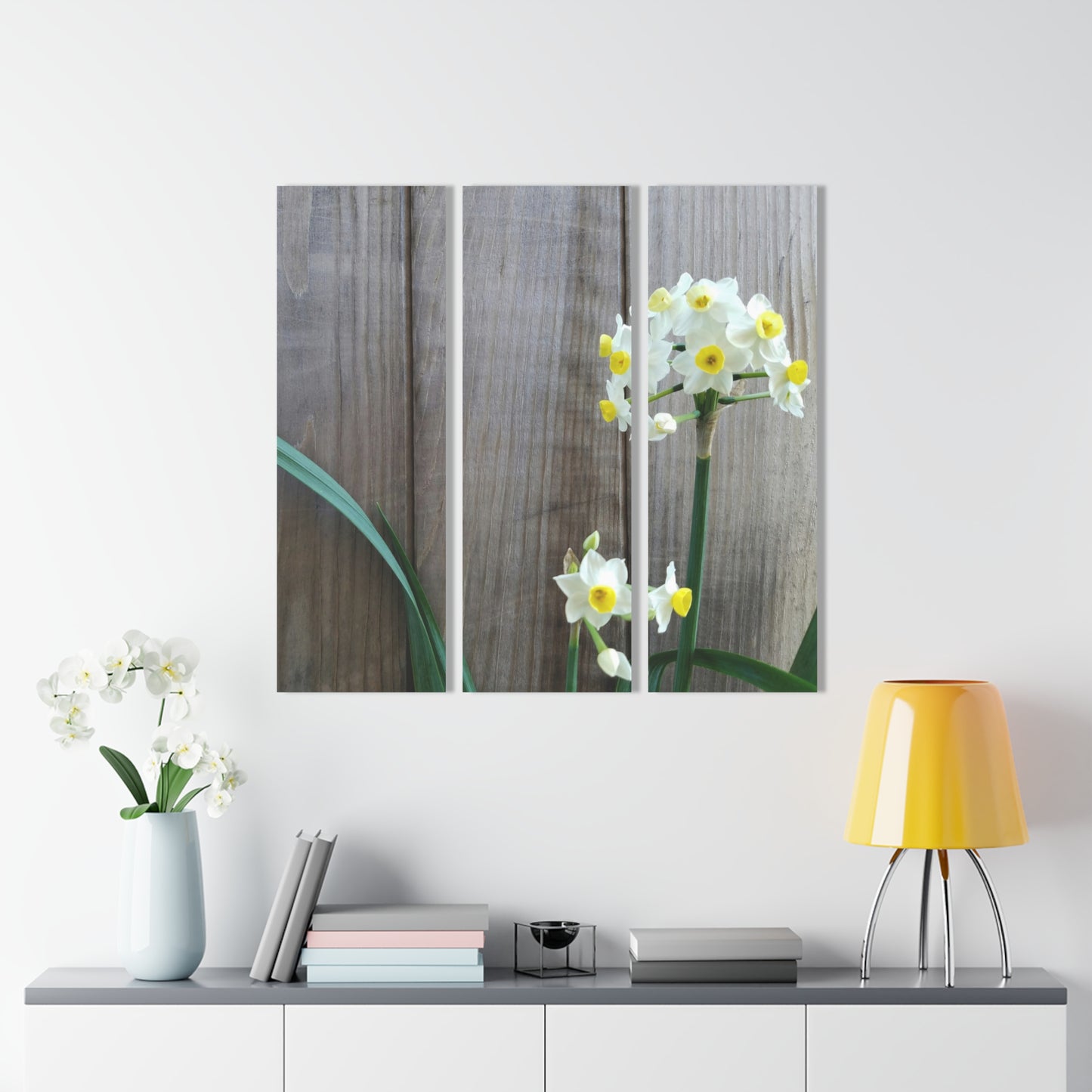 Daffodils by the Fence Acrylic Triptych – Rustic Floral Wall Art for Spring Garden Decor