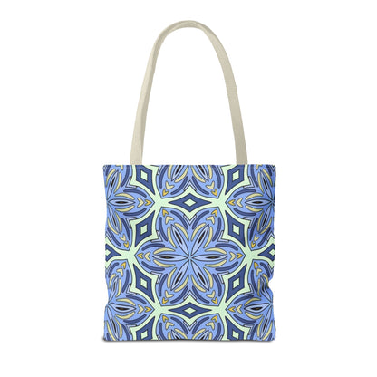 Pale Cornflower Blue and Yellow Tote Bag – Geometric Floral Pattern Reusable Shopping Bag for Everyday Use