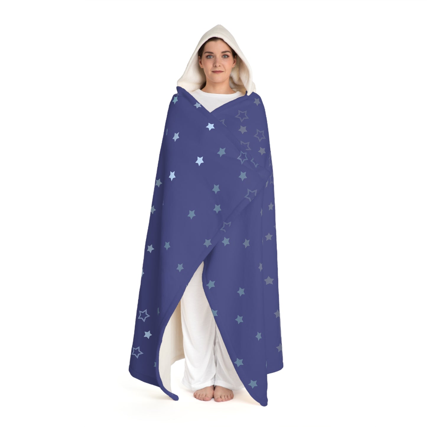 Blue Starfall Hooded Blanket – Blue Star Wearable Throw, Celestial Night Sky Cozy Fleece Wrap