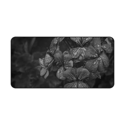 Geranium After a Light Rain Desk Mat – Moody Botanical Floral Art, Monochrome Nature-Inspired Workspace Decor