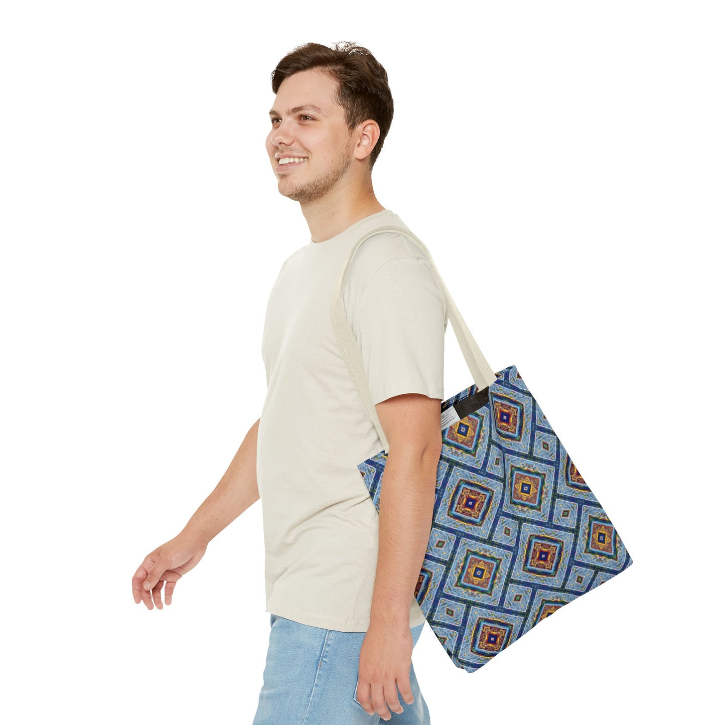Blue Fusion Tiling Tote Bag – Blue Geometric Canvas, Modern Tile Pattern, Diamond Design Everyday Bag