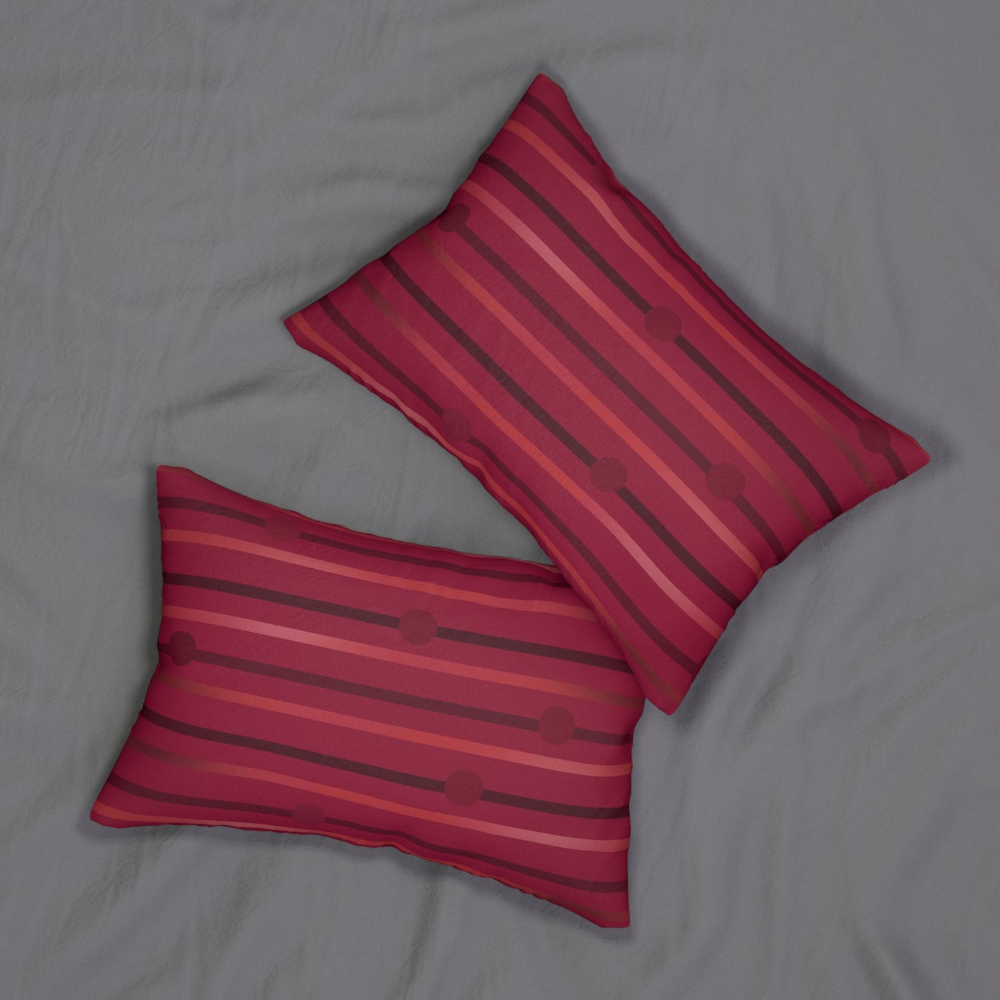 Red Striped Lumbar Pillow – Warm Burgundy and Dot Pattern Cushion for Modern or Retro Home Decor