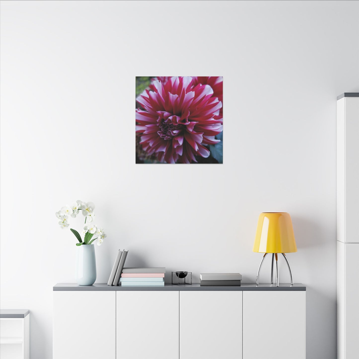 Red and White Dahlia Canvas Print – Bright Floral Nature Photography Wall Art
