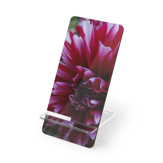 Red and White Dahlia Phone Stand – Vibrant Floral Photography Phone Accessory