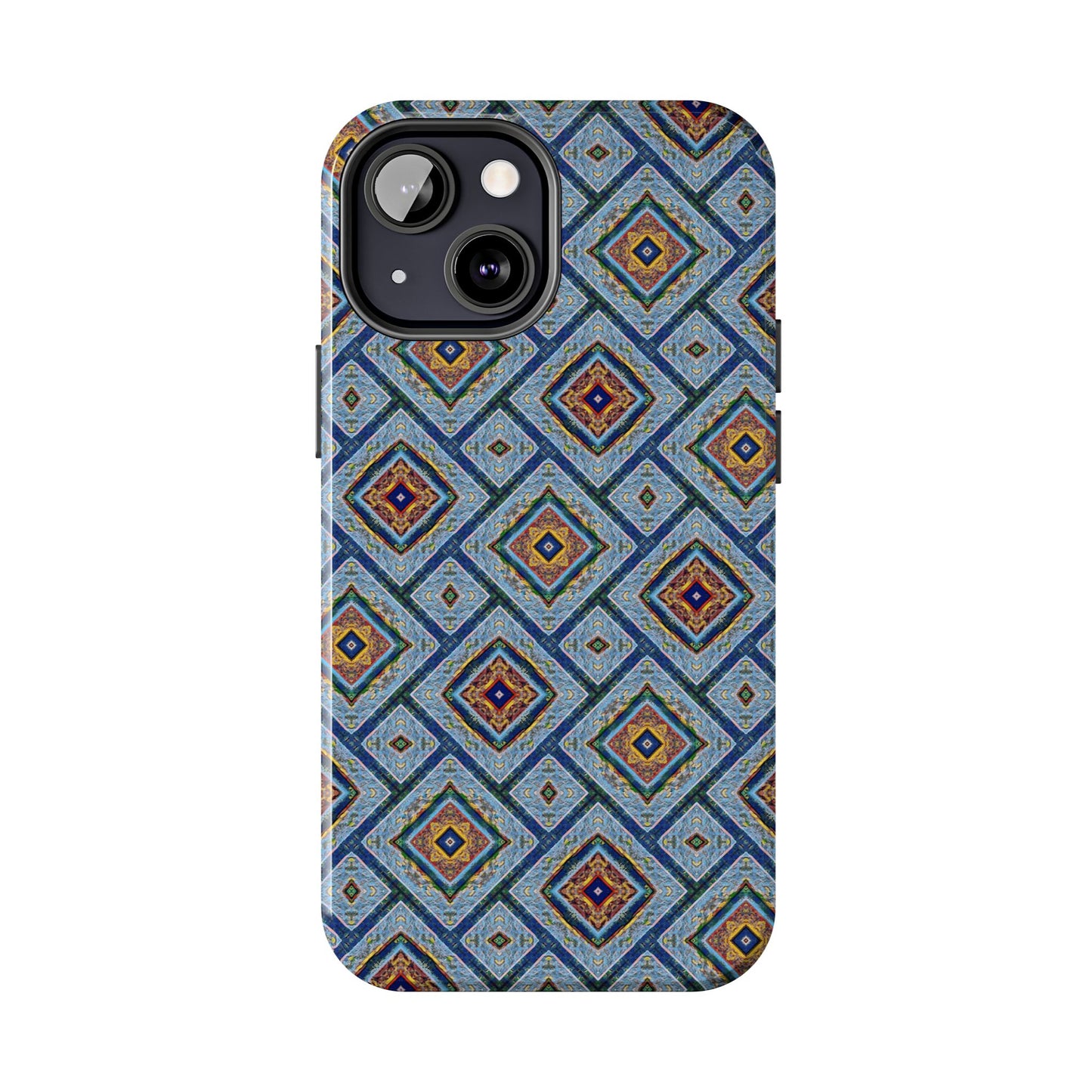 Blue Fusion Tiling Tough Case – Blue Geometric Phone Case, Modern Diamond Pattern Cover, Abstract Tile Design