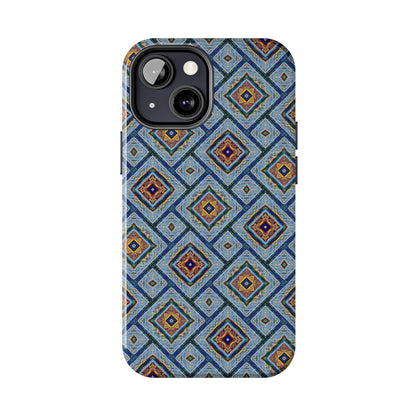Blue Fusion Tiling Tough Case – Blue Geometric Phone Case, Modern Diamond Pattern Cover, Abstract Tile Design