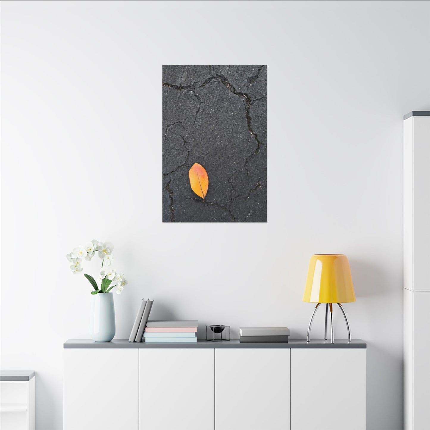 Orange Leaf Against Black Concrete Minimalistic Canvas Print – Contemporary Nature Photography Wall Art